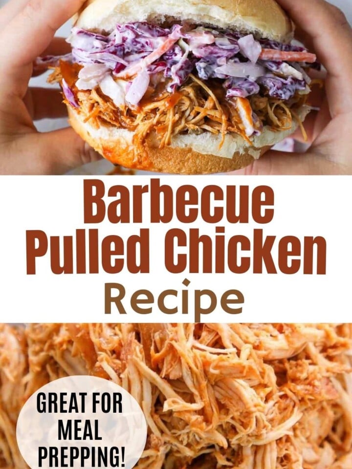Pulled barbecue chicken with coleslaw on a hamburger bun. Text overlay reads great for meal prepping.