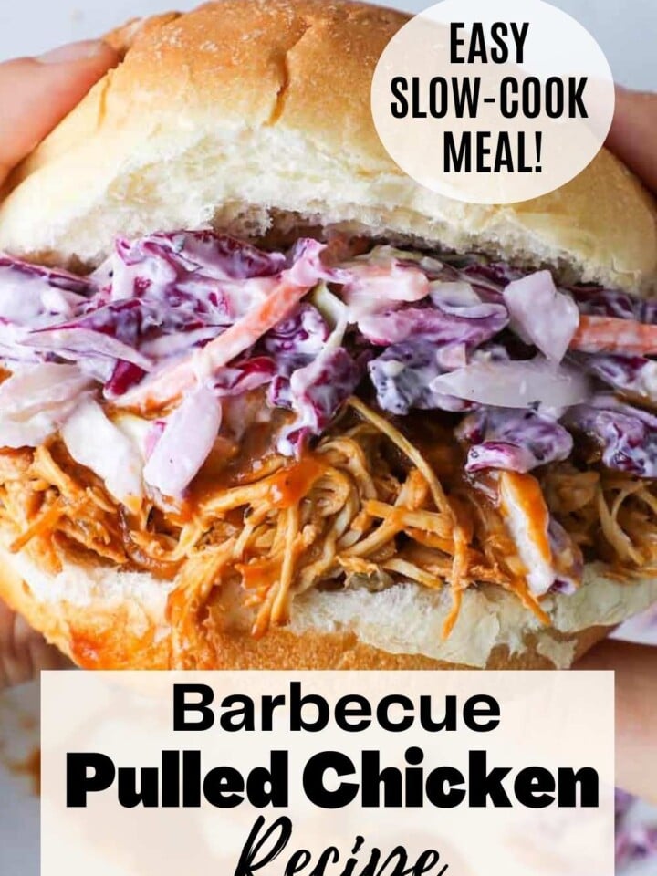 Pulled barbecue chicken with coleslaw on a hamburger bun. Text overlay reads easy slow-cook meal.