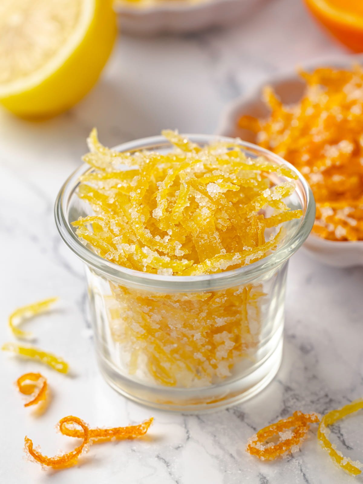 Strips of candied lemon peel with a tender chew and bright yellow color.