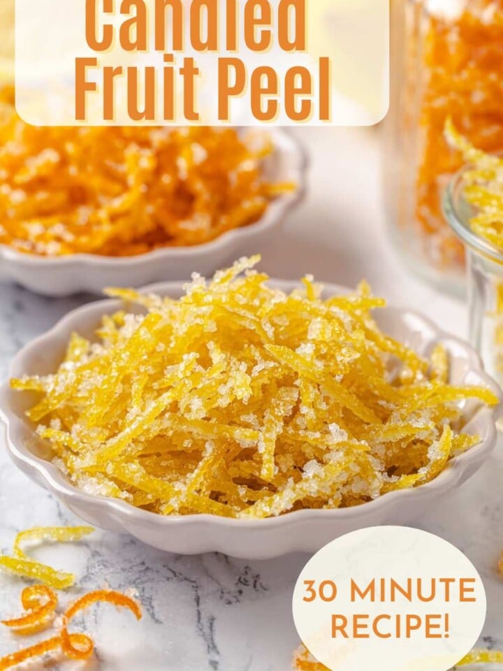 Bowls of bright candied lemon and orange peel for baking, garnishing, or gifting. Text overlay reads easy pro recipe.