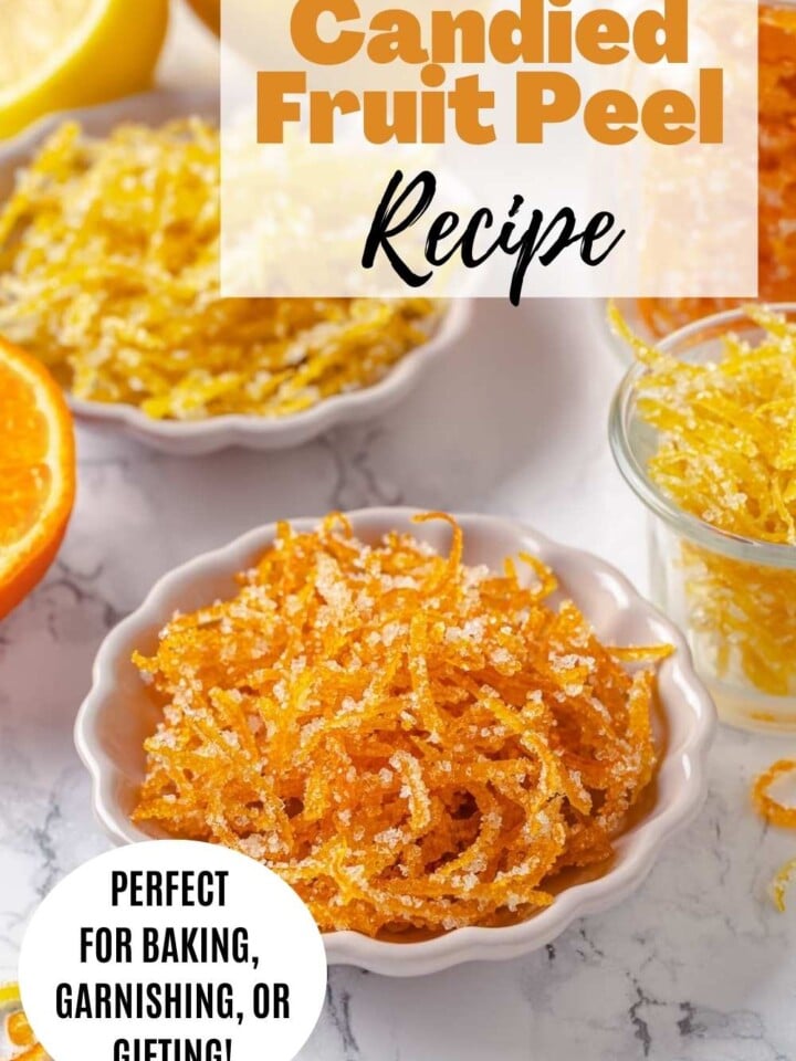 Bowls of bright candied lemon and orange peel for baking, garnishing, or gifting. Text overlay reads 30 minute recipe.