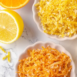 Crystallized candied citrus peel coated in sugar with a dry, sparkling finish.