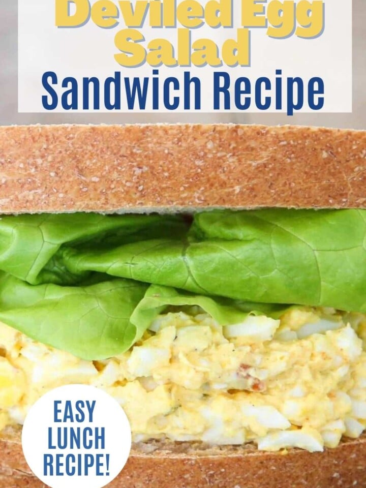 Deviled egg salad with fresh lettuce on sandwich bread. Text overlay reads easy lunch recipe.