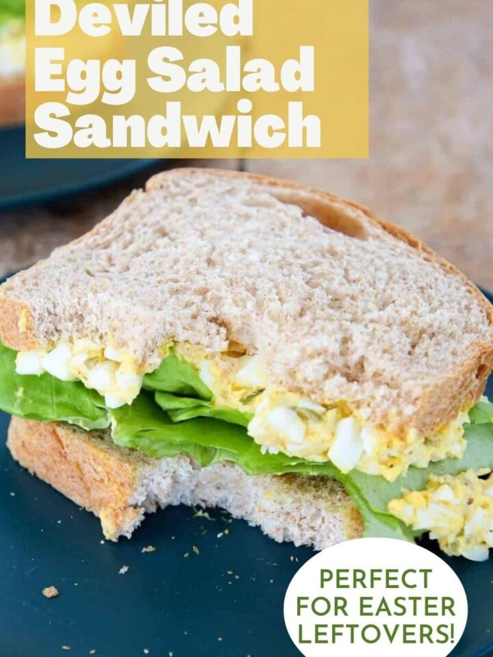 Deviled egg salad with fresh lettuce on sandwich bread. Text overlay reads perfect for easter leftovers.