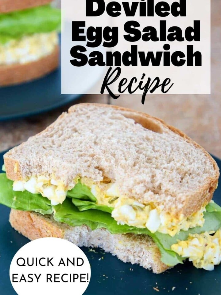 Deviled egg salad with fresh lettuce on sandwich bread. Text overlay reads quick and easy recipe.