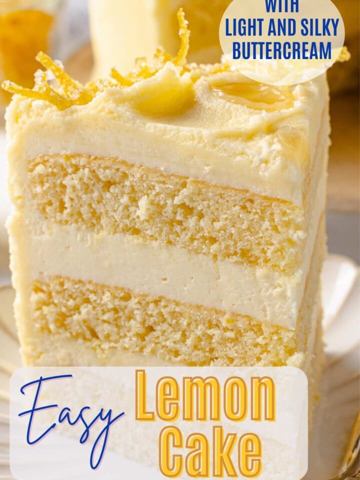 Slice of soft and moist lemon layer cake frosted with light and silky lemon buttercream.