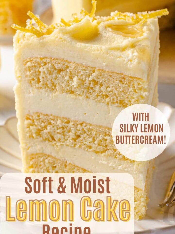 Slice of soft and moist lemon layer cake frosted with light and silky lemon buttercream.
