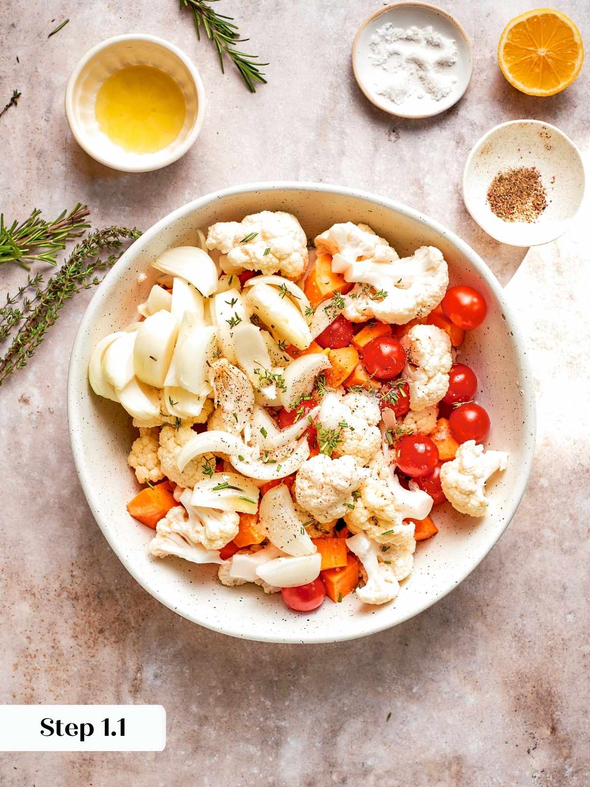 Vegetables tossed with oil, herbs, salt, and pepper.
