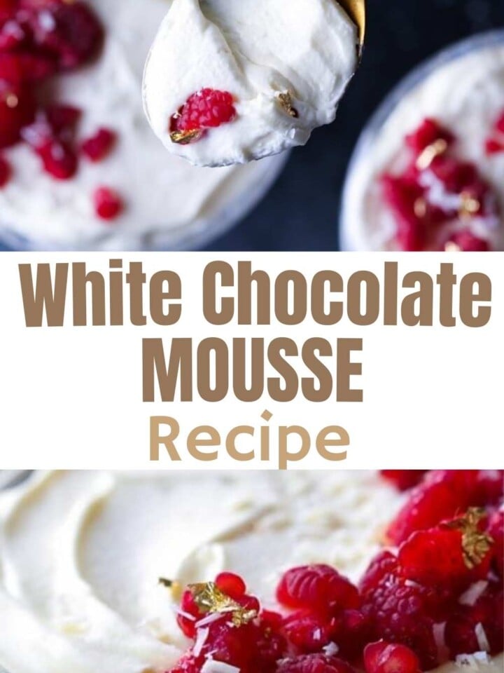 Light and creamy white chocolate mousse topped with fresh raspberries and edible gold flakes.