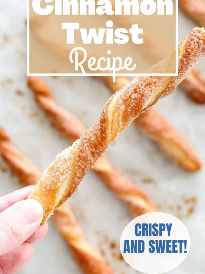 Cinnamon twist pastry covered with caramelized cinnamon sugar. Text overlay reads crispy and sweet.