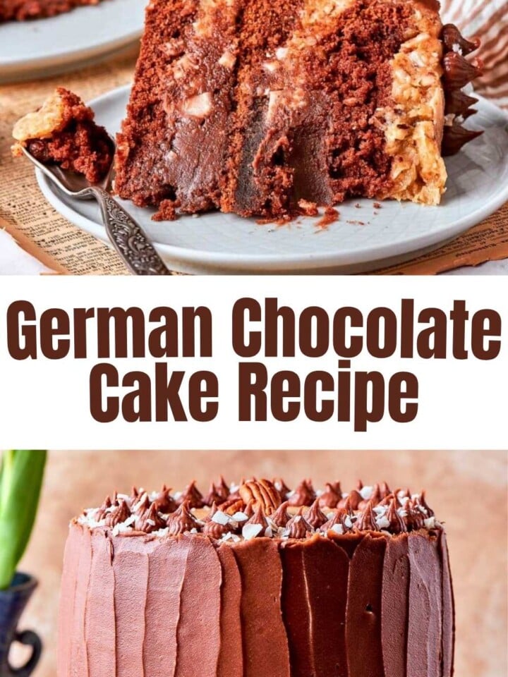 German chocolate cake with chocolate ganache frosting and caramelized coconut pecan topping.