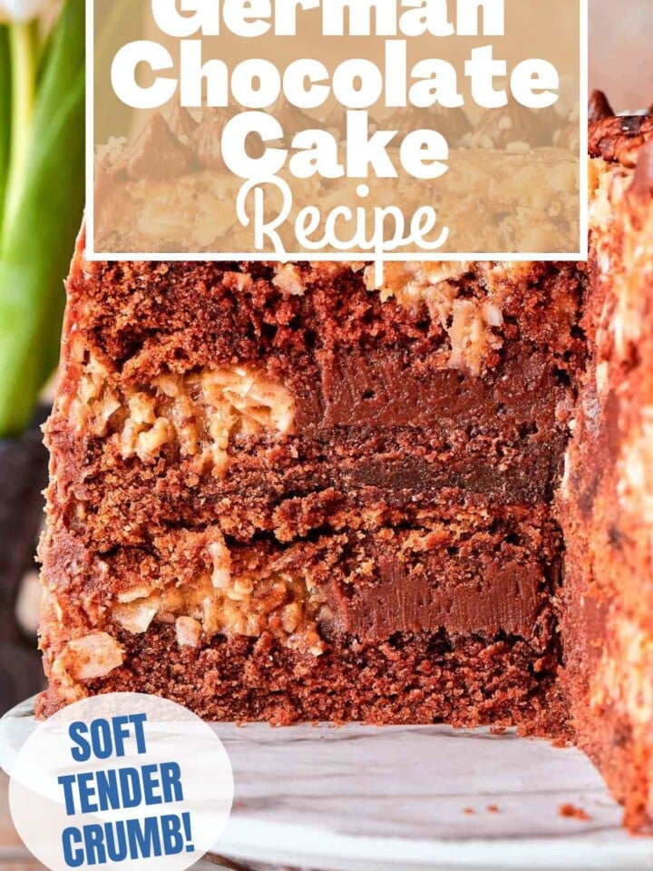 Slice of German chocolate cake with chocolate ganache frosting and caramelized coconut pecan topping. Text overlay reads soft tender crumb.