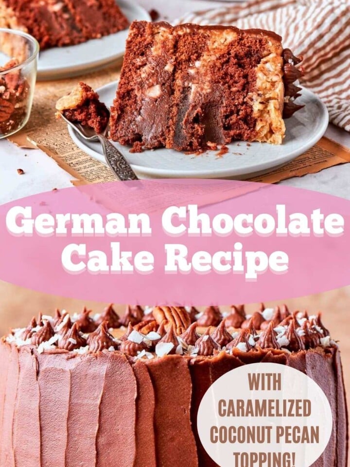 Slice of German chocolate cake with chocolate ganache frosting and caramelized coconut pecan topping.