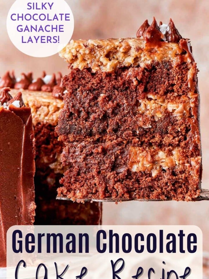 Slice of German chocolate cake with chocolate ganache frosting and caramelized coconut pecan topping. Text overlay reads silky chocolate ganache layers.