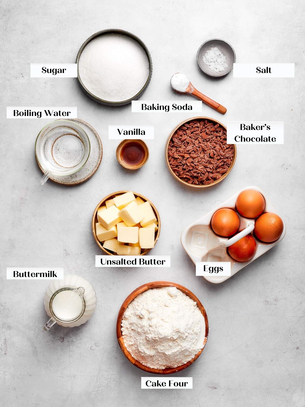 German chocolate cake ingredients on a white countertop.