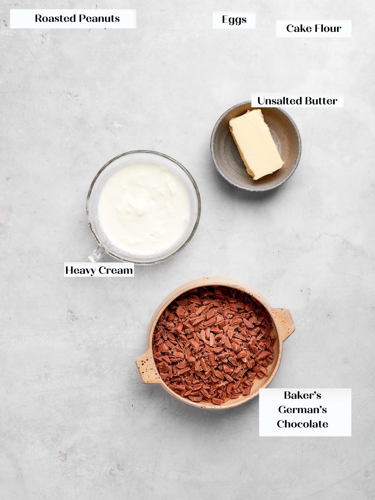German chocolate cake filling ingredients on a white countertop.