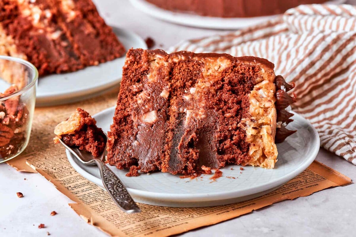 Slice of German chocolate cake with bite taken showing tender chocolate crumb.