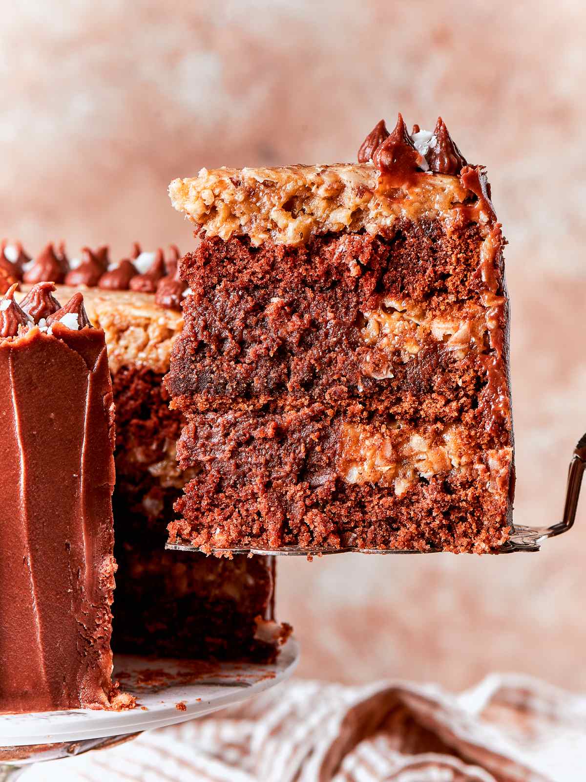 Cut cake showing distinct layers of tender chocolate crumb and ganache.