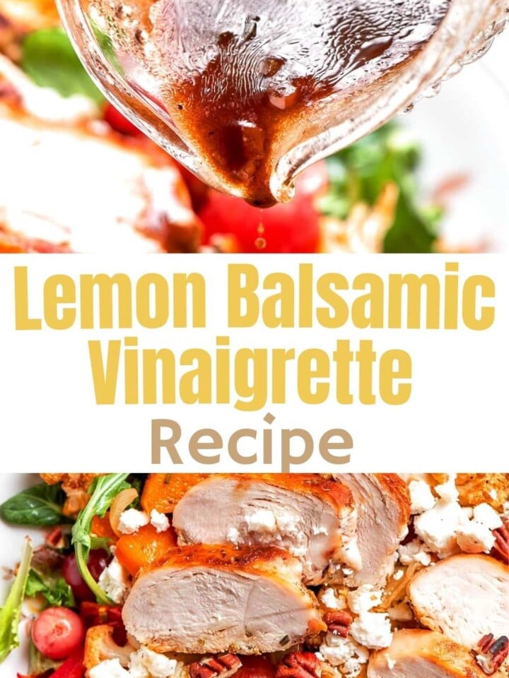 Lemon balsamic vinaigrette being poured over roasted chicken and vegetables on a platter.