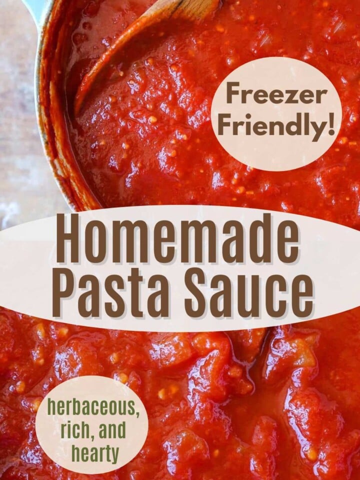 Pot of bright red homemade tomato sauce with thyme, basil, and oregano leaves visible. Text overlay reads herbaceous, rich, and hearty.