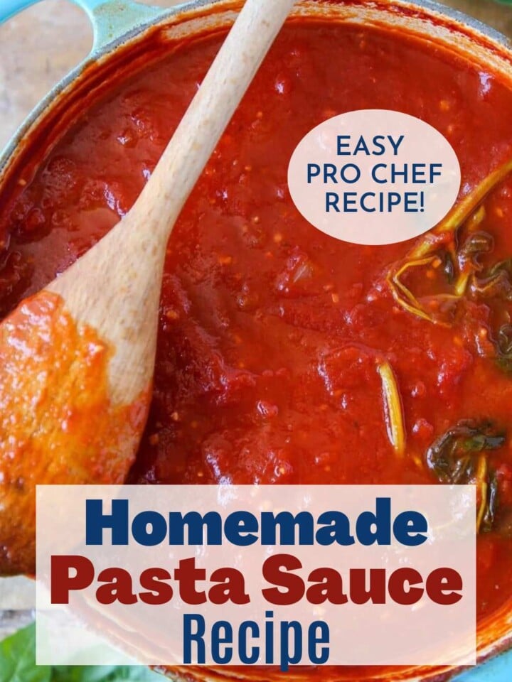 Pot of bright red homemade tomato sauce with thyme, basil, and oregano leaves visible. Text overlay reads easy pro chef recipe.