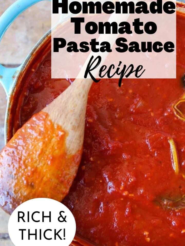 Pot of bright red homemade tomato sauce with thyme, basil, and oregano leaves visible. Text overlay reads rich and thick.