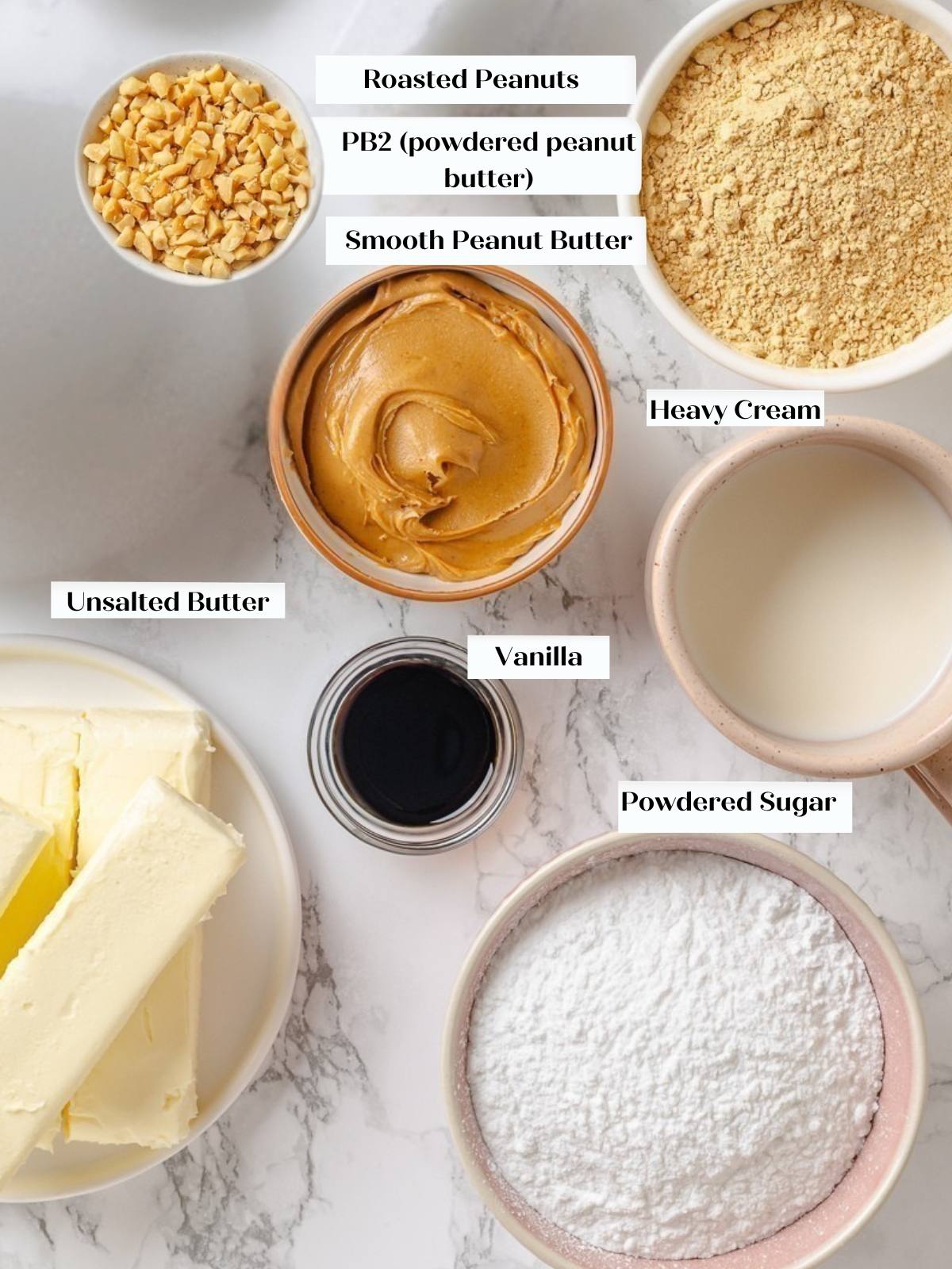 Ingredients for peanut butter buttercream measured and placed on countertop before mixing.