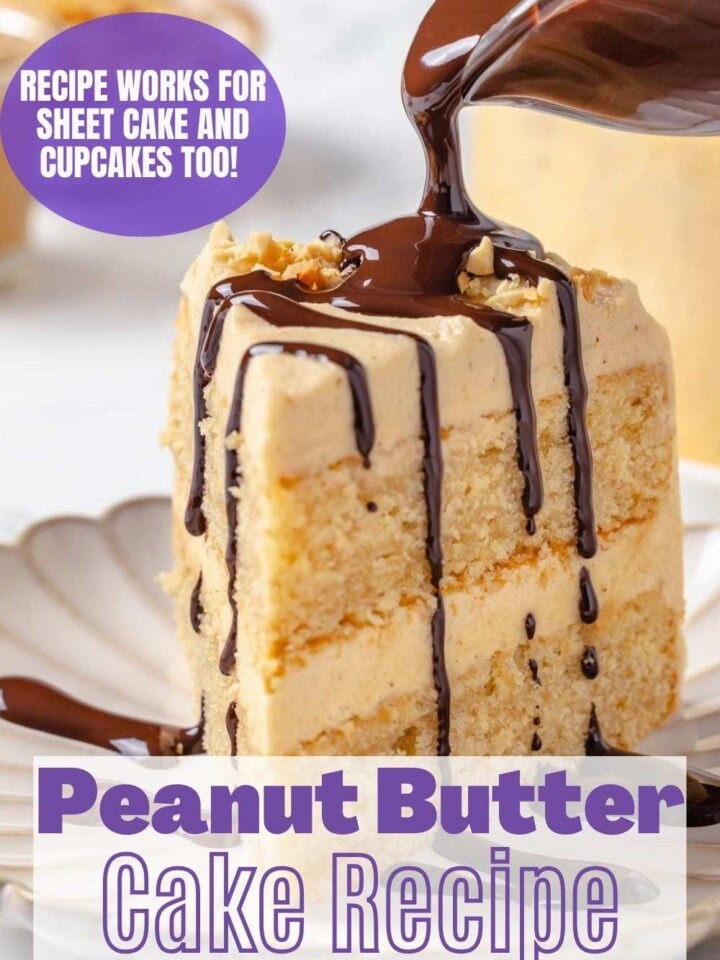 Slice of peanut butter cake with peanut butter buttercream frosting and chocolate fudge drizzle. Text overlay reads recipe works for sheet cake and cupcakes too.