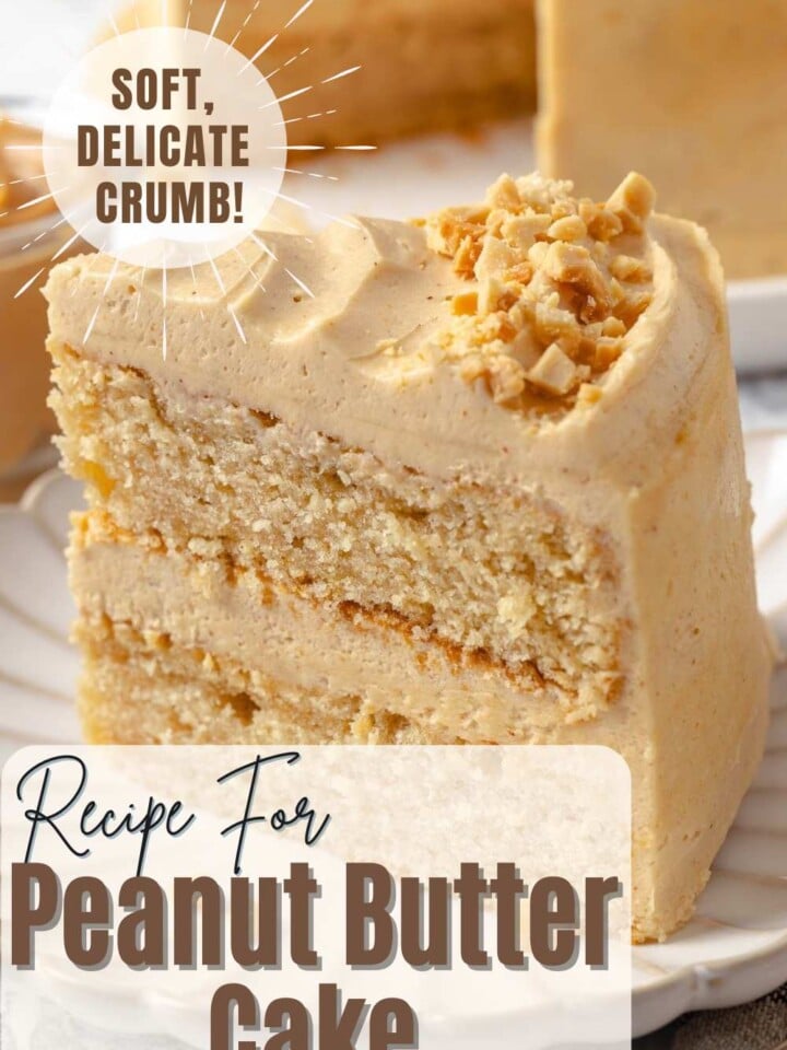 Slice of peanut butter cake with peanut butter buttercream frosting garnished with crushed peanuts. Text overlay reads soft, delicate crumb.