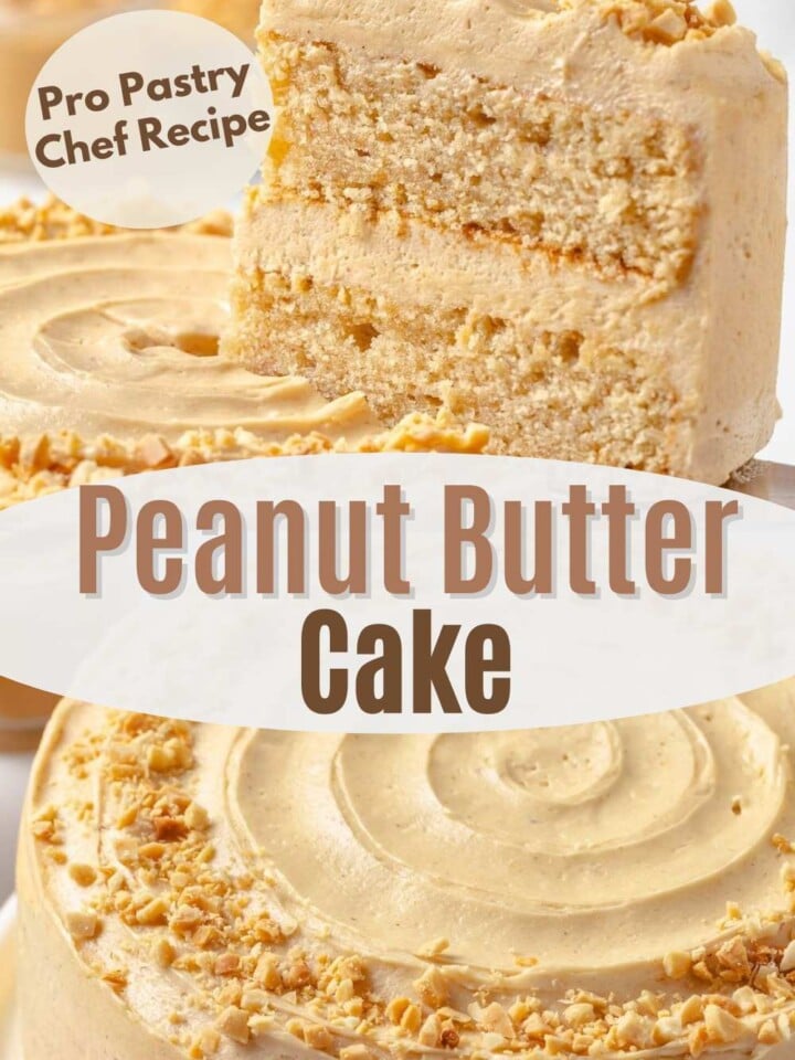 Slice of peanut butter cake with peanut butter buttercream frosting garnished with crushed peanuts. Text overlay reads pro pastry chef recipe.