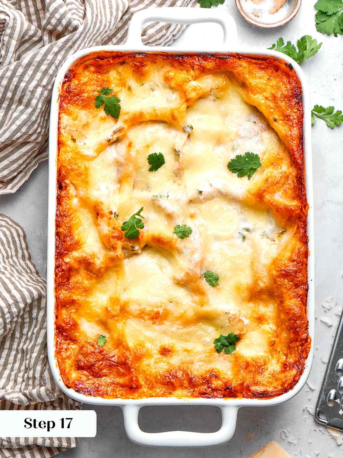 Spaghetti squash lasagna baked until bubbling with golden cheese and thick tomato sauce.