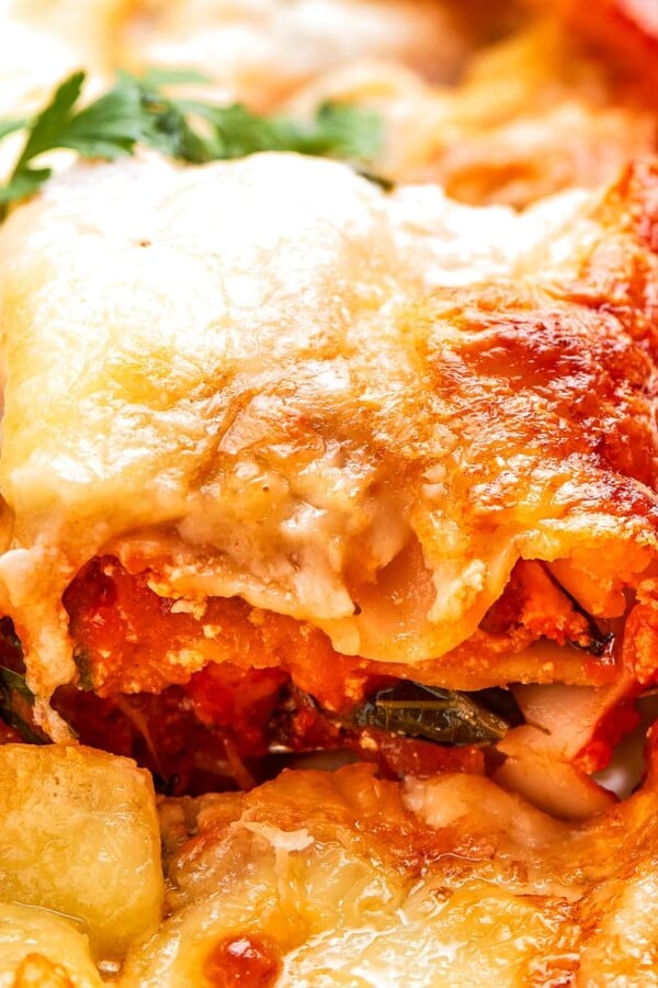 Square of lasagna lifted from pan holding shape with layered squash and cheese.