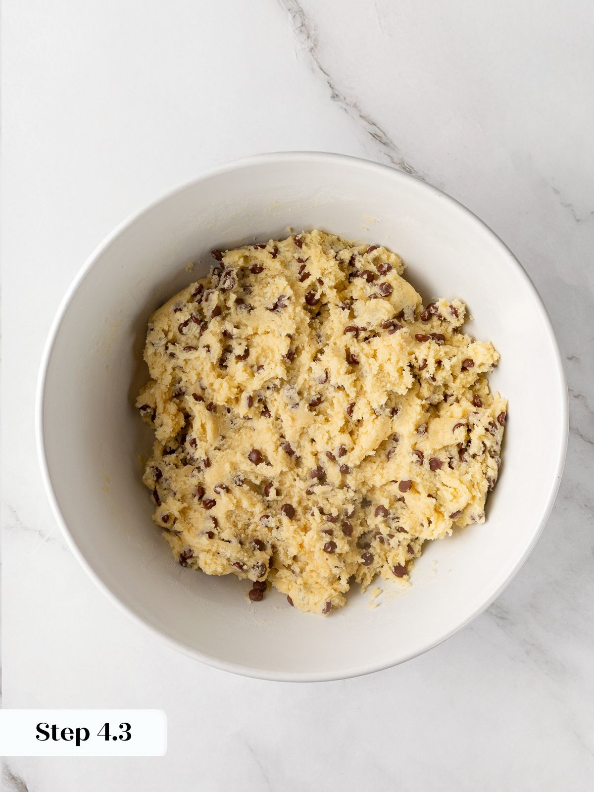 Cookie dough with chocolate chips fully mixed and evenly distributed throughout.