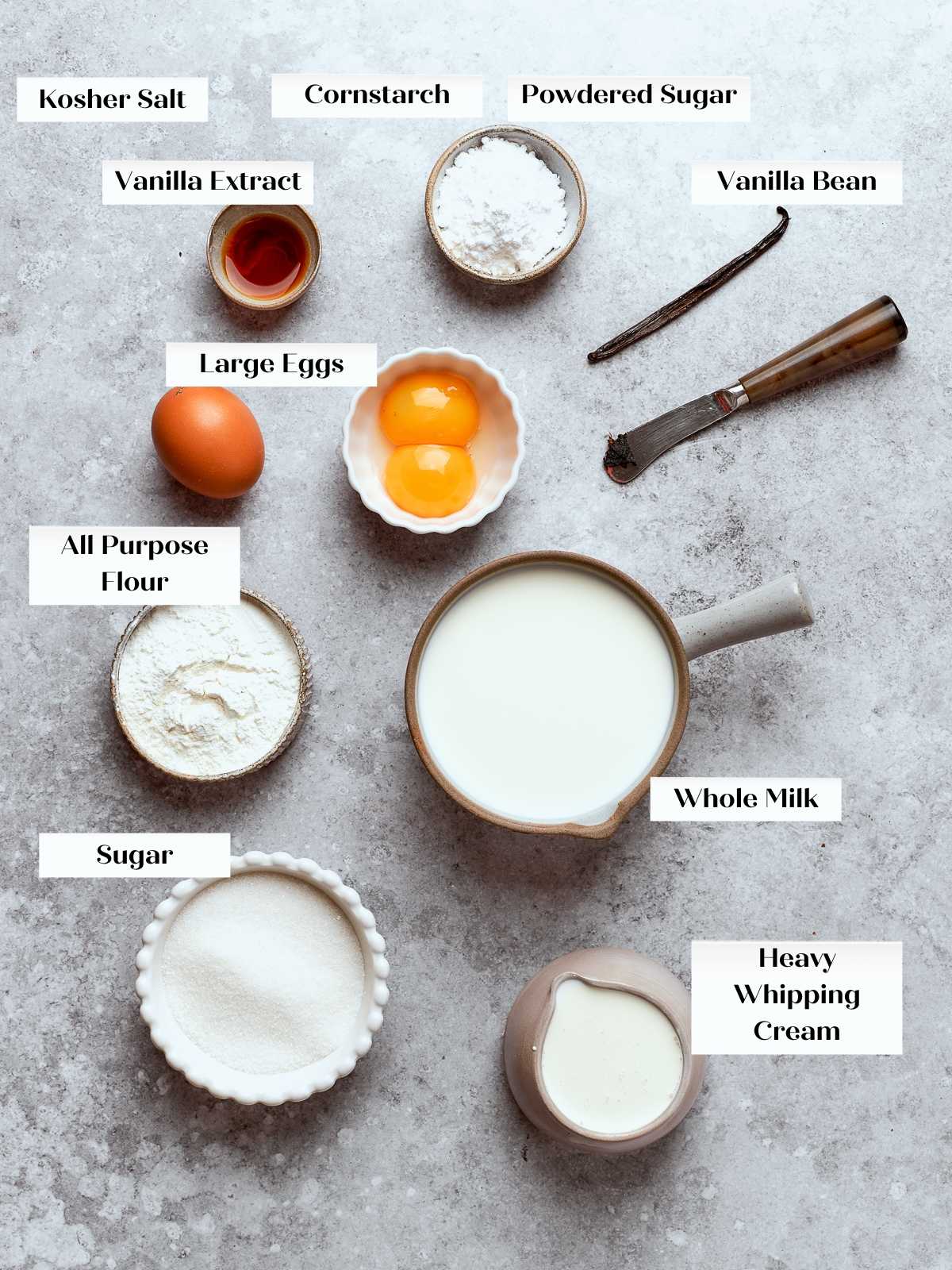 Ingredients for pastry cream arranged including milk, eggs, sugar, and cornstarch.