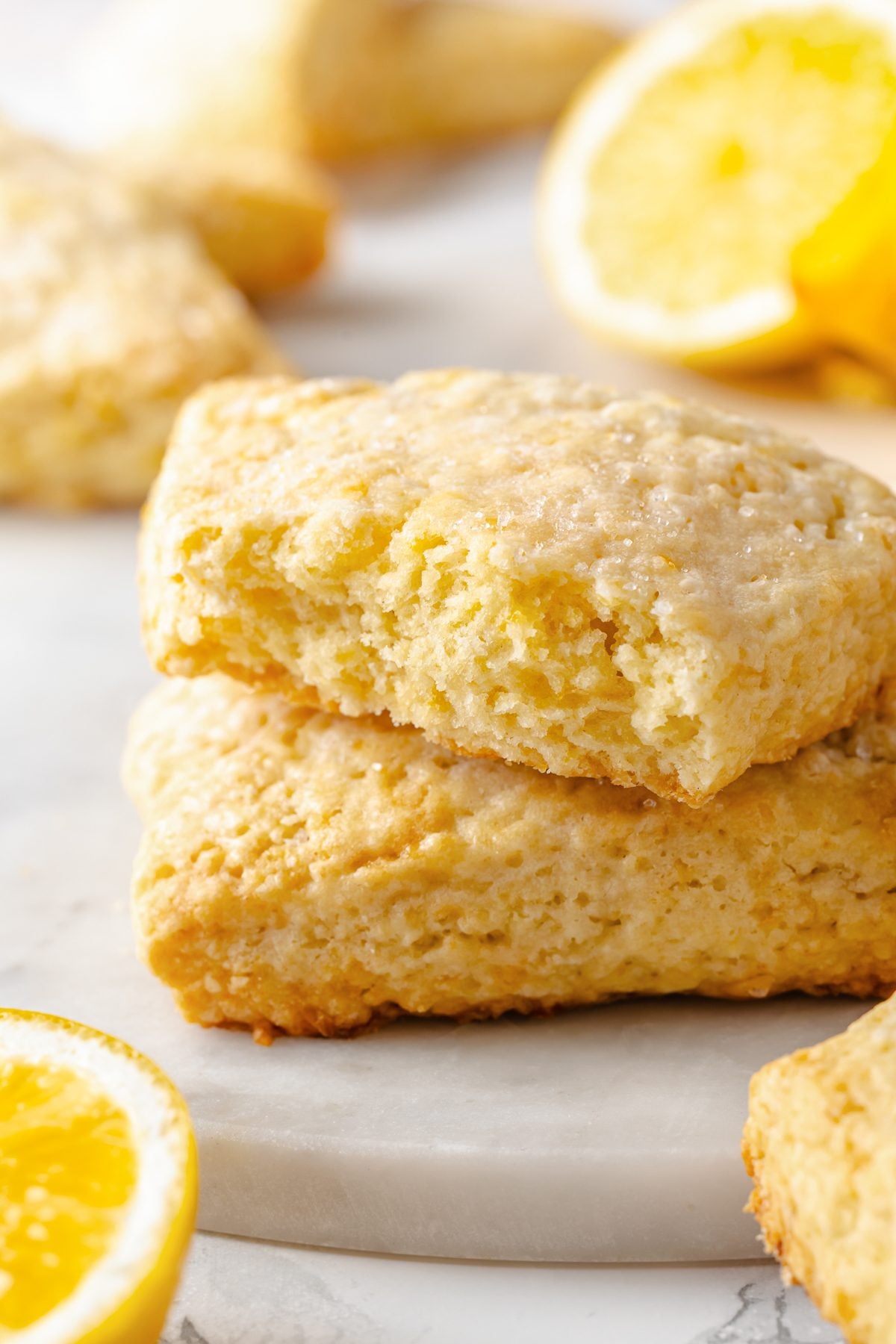 Interior of lemon scone showing soft, tender crumb with slightly dense and buttery texture.