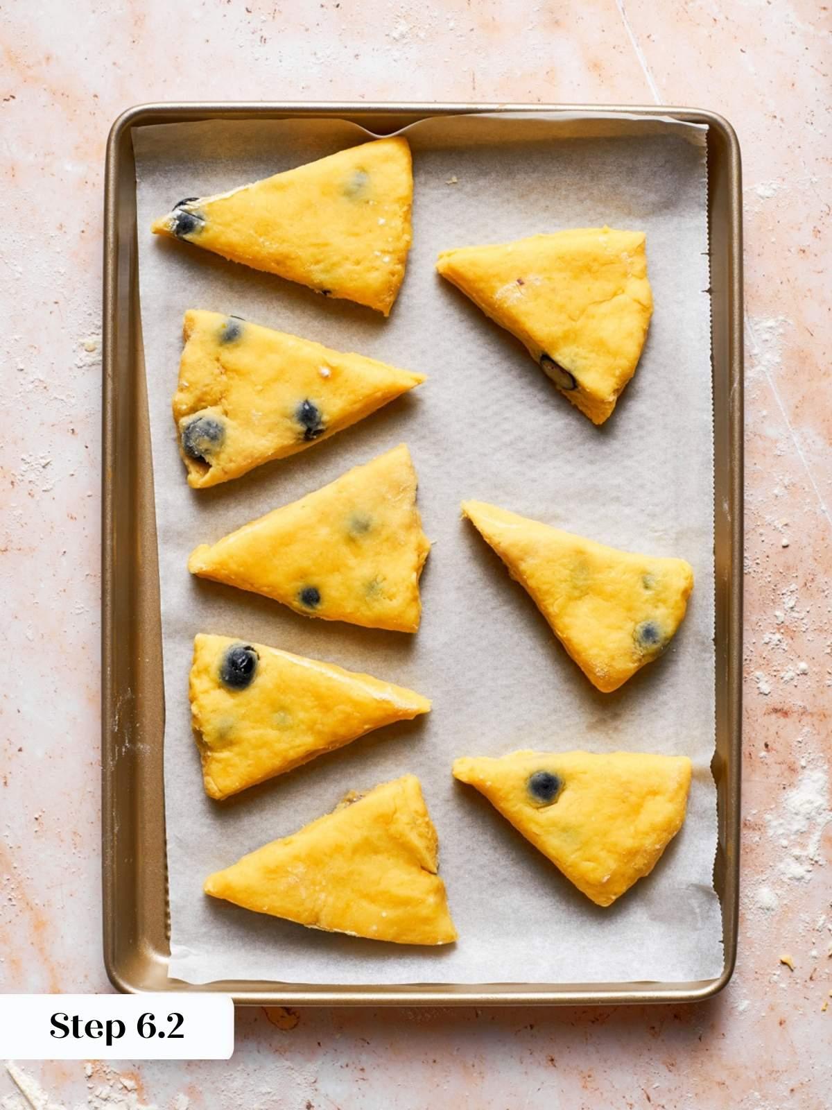 Spaced wedges on parchment ready for chilling, the final step before baking these tender blueberry scones.