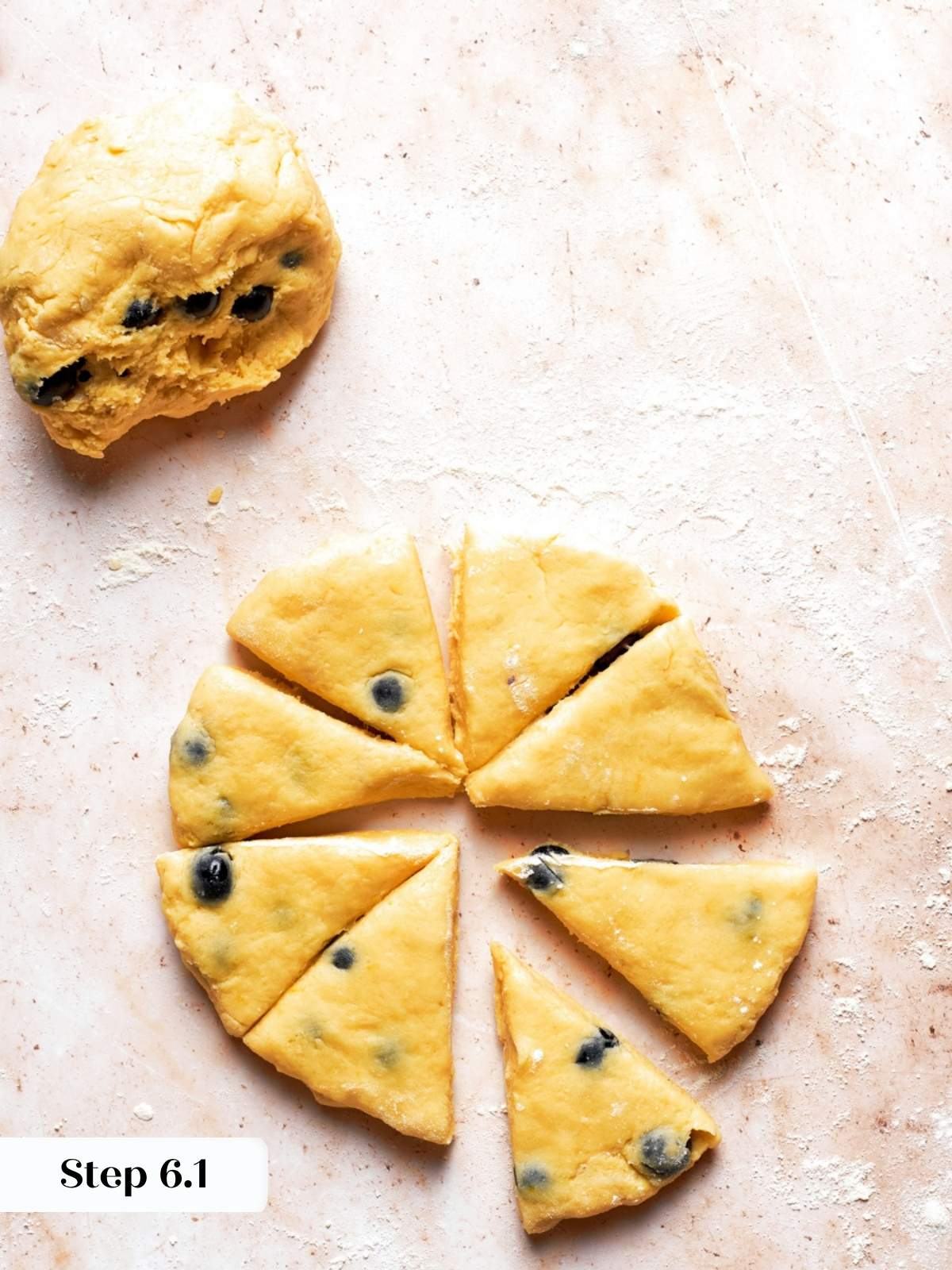 Pale scone wedges fanned from a floured disk, ready to bake into golden blueberry scones.