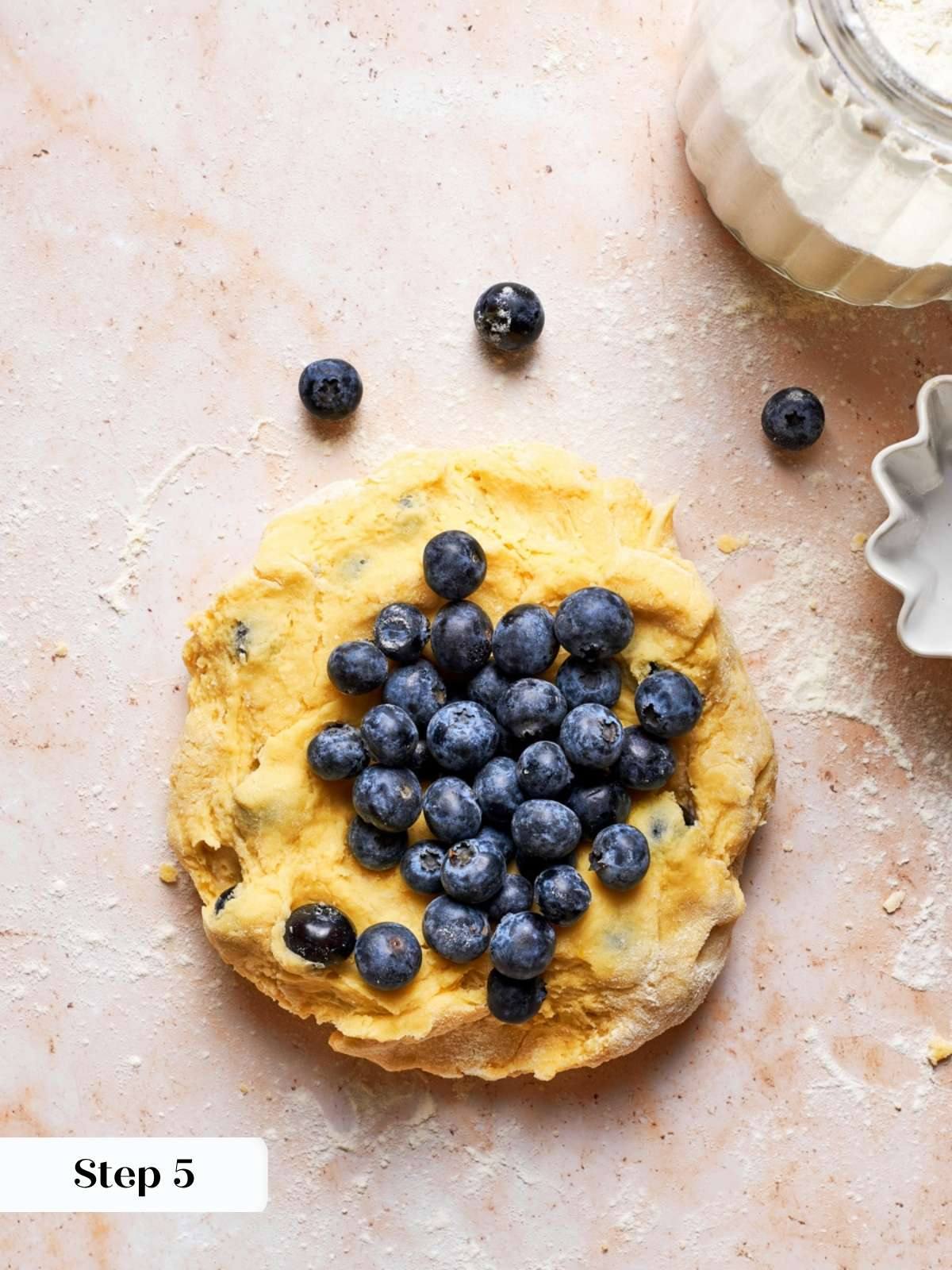 Fresh blueberries piled on top of the dough patty for folding into the blueberry scones recipe.