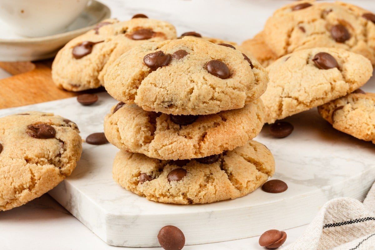 This wide view of almond flour chocolate chip cookies suits in-post banners while showing their thickness.