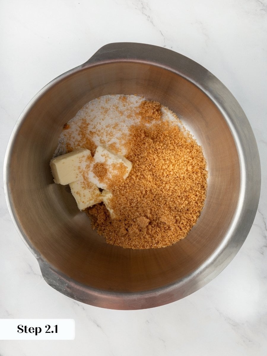 Butter and two sugars begin the almond flour chocolate chip cookies dough for a chewy result.