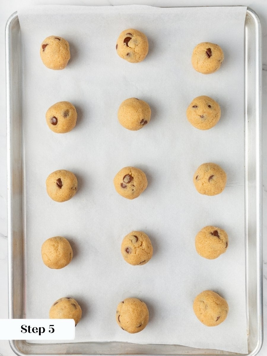 Portioning before the chill helps these almond flour chocolate chip cookies bake to a uniform size.