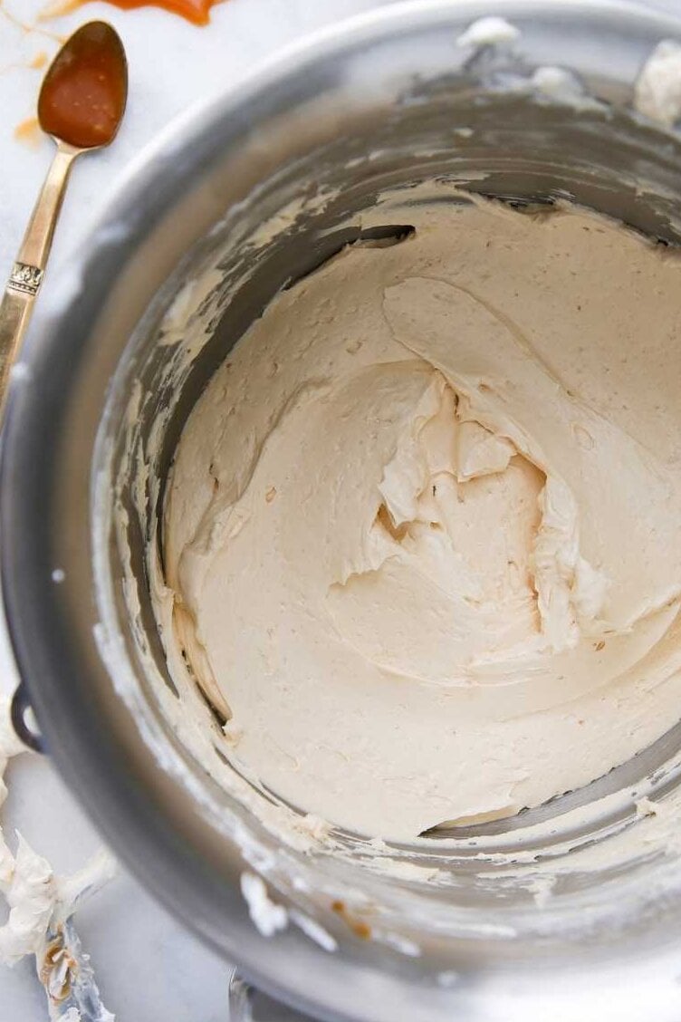 Caramel swiss meringue buttercream caramel sauce.