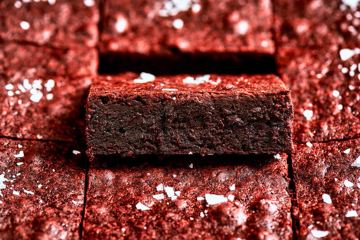 This horizontal layout of one bowl brownies suits a recipe header or featured banner placement nicely.