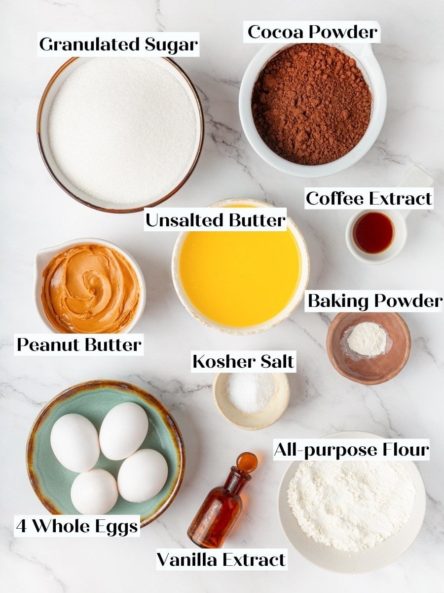 Labeled bowls gather the pantry staples that make these one-bowl peanut butter brownies come together fast.