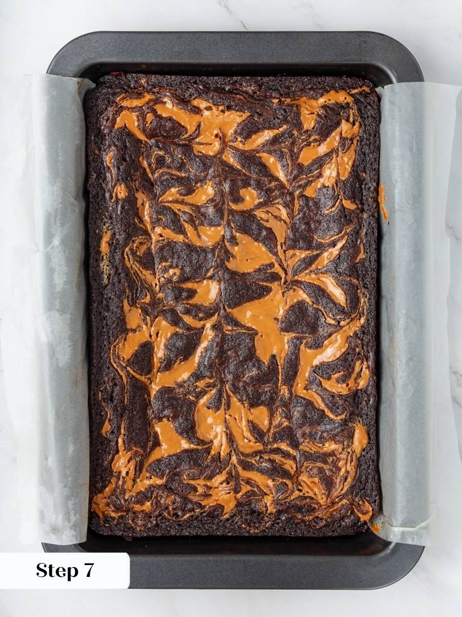 Fresh from the oven, the peanut butter brownies puff and set while the swirl stays defined.