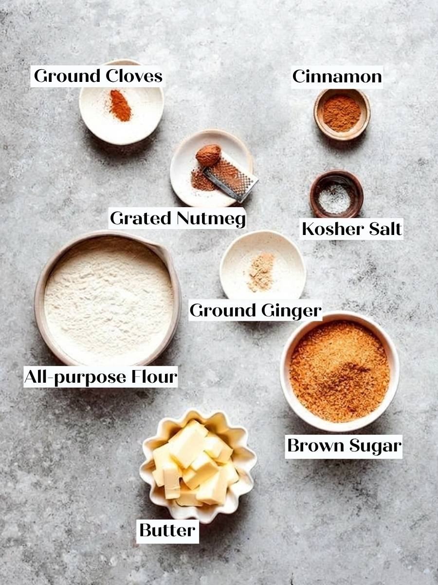 Flour, brown sugar, butter, and warm spices are measured out for the shoofly pie crumb topping.