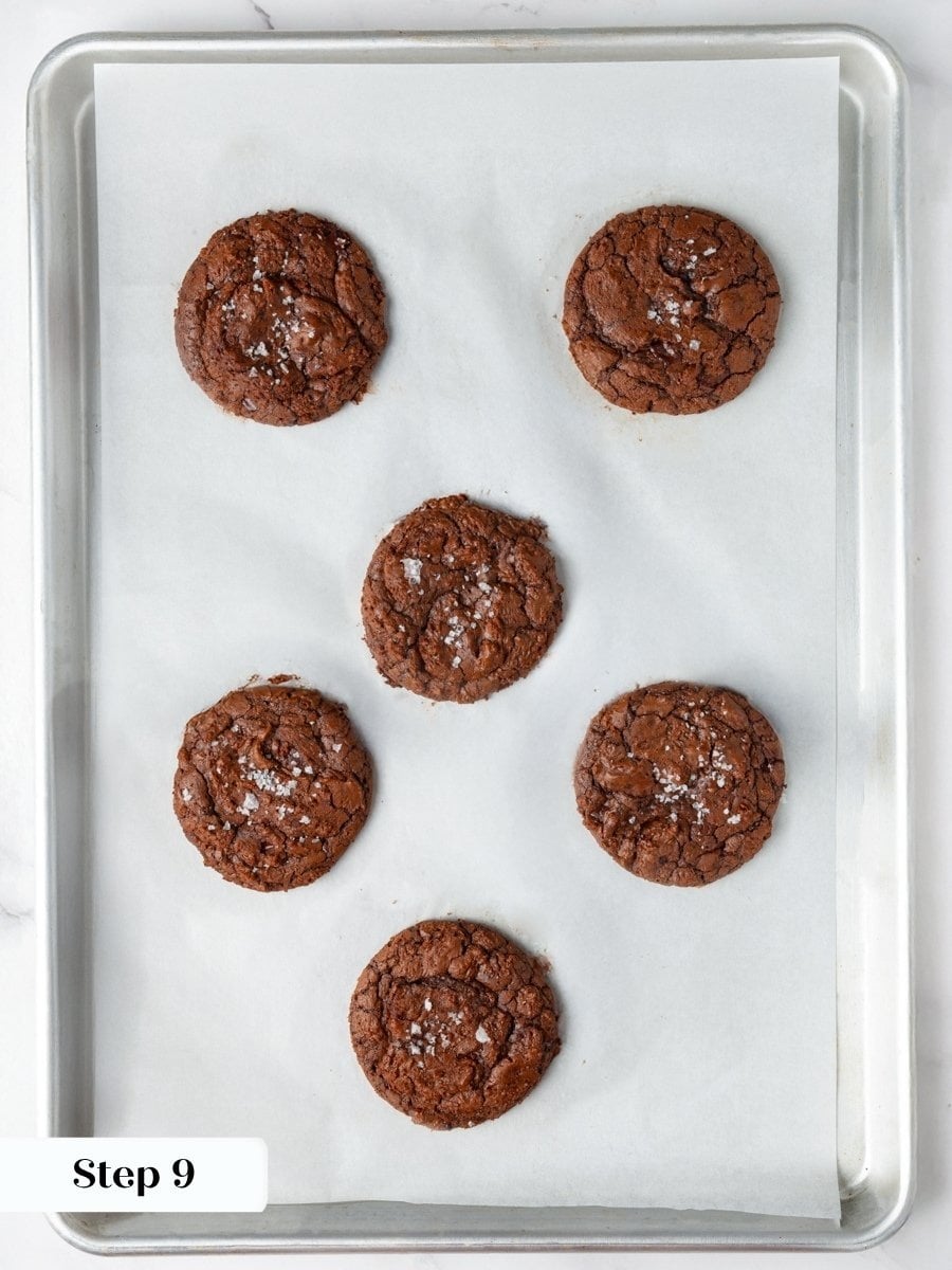 Set edges and cracked tops mean these brownie cookies are baked and ready to cool.