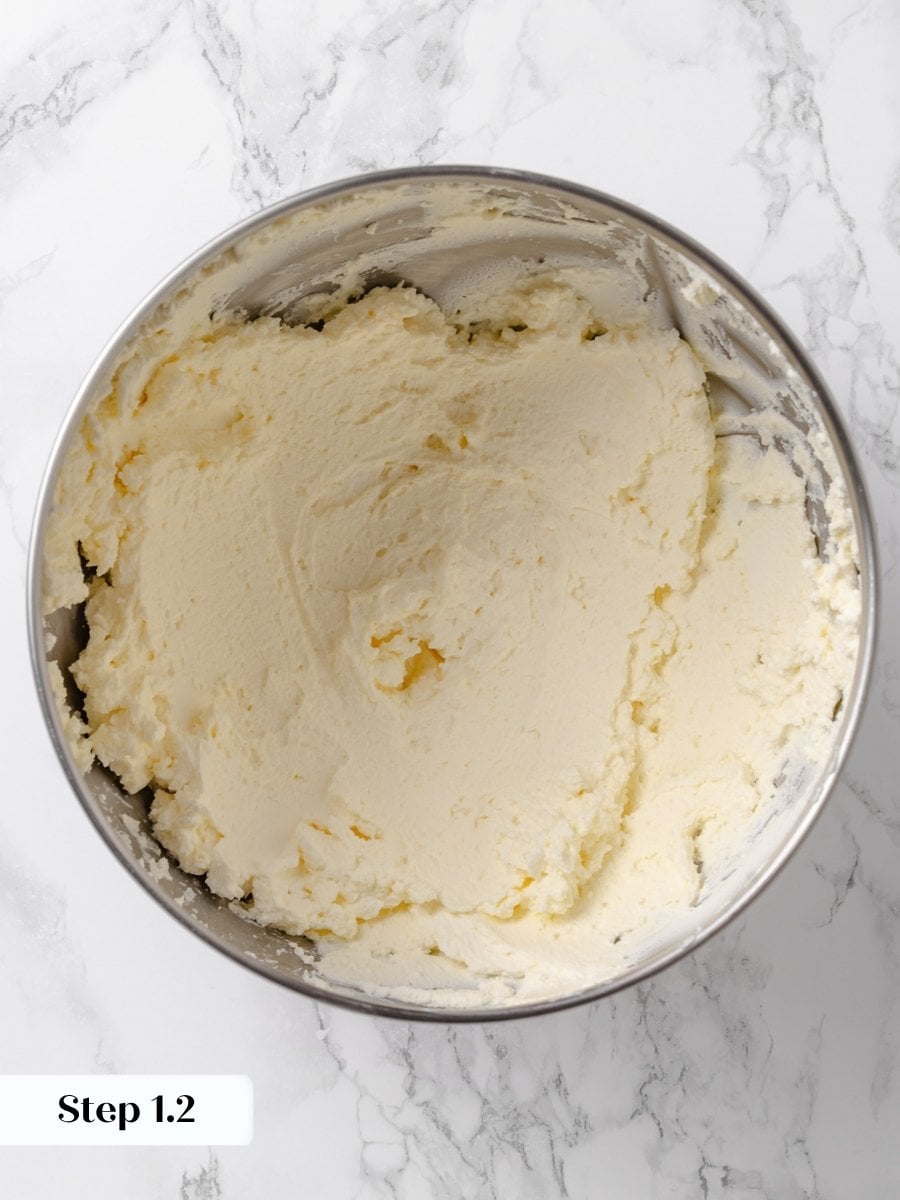 Butter and cream cheese beaten together until smooth and pale in a mixing bowl.
