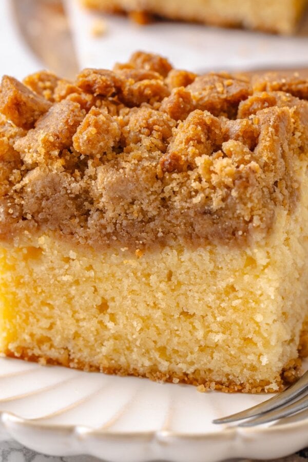 Plated and ready to eat, one square of crumb cake makes a generous coffee-break portion.