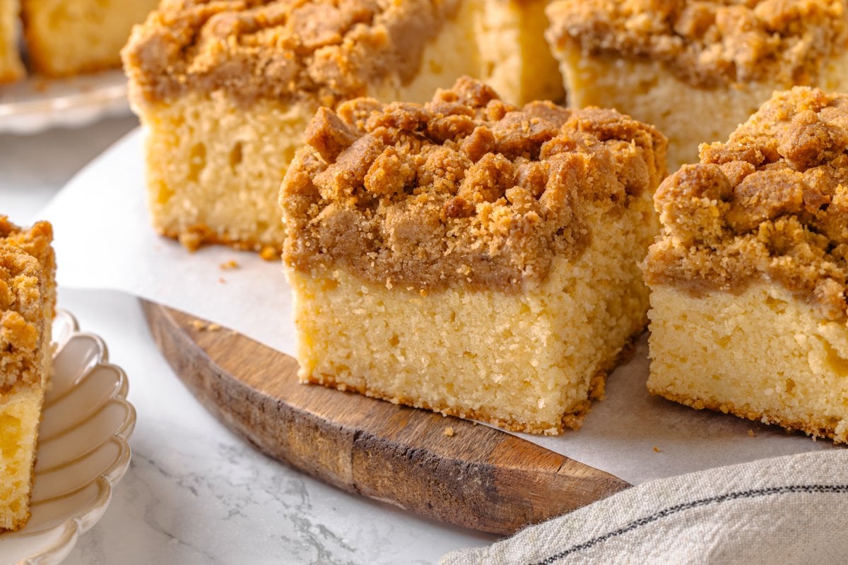 Set out on the board, crumb cake is easy to serve straight from the parchment.